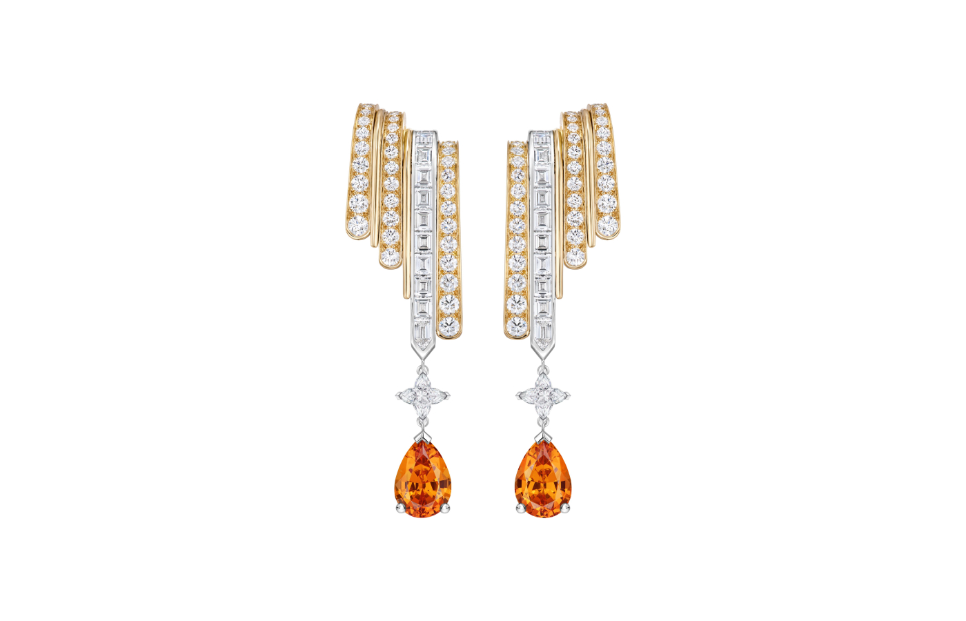  Louis Vuitton Volcano earrings in gold, platinum, set with two pear-cut spessartite mandarin garnets of 4.18-cts each, two LV Monogram Star cut diamonds and diamonds from the Deep Time high jewellery collection