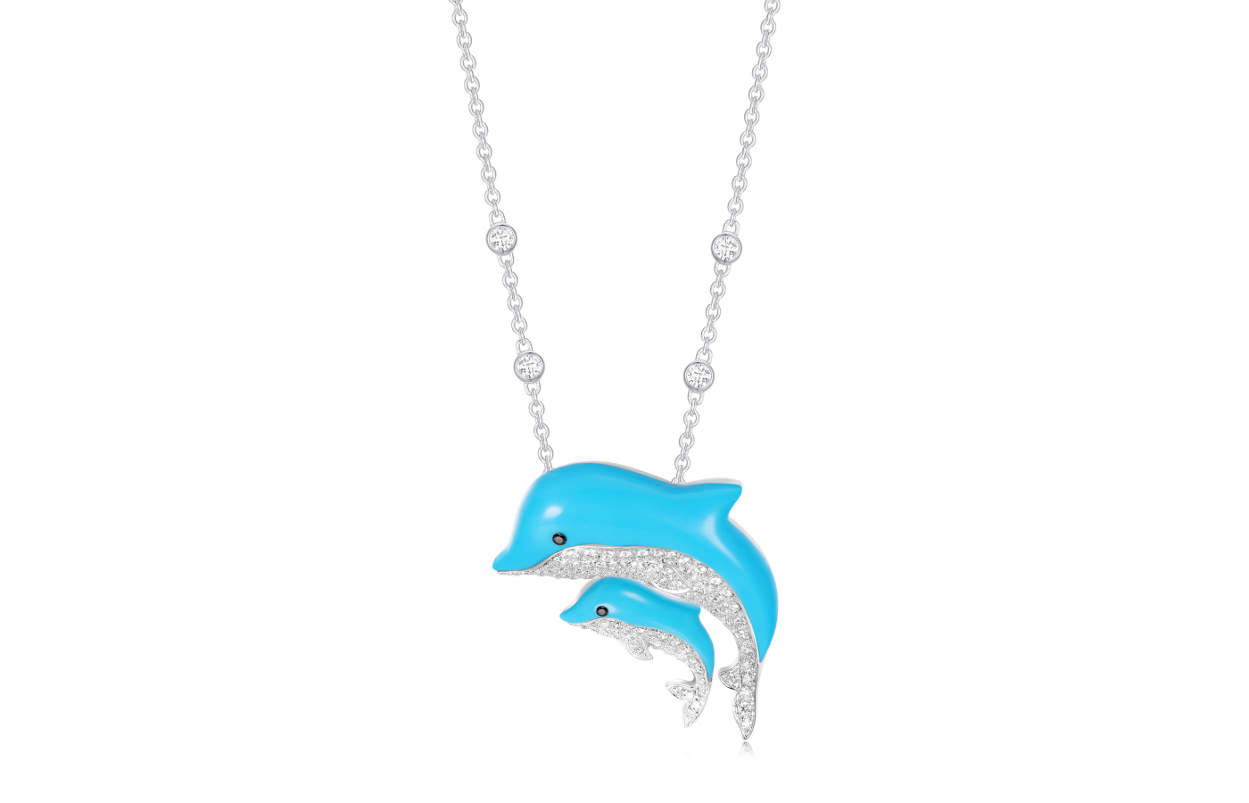 Serendipity Jewelry My Little One Dolphin necklace set with turquoise and diamonds in 18k white gold