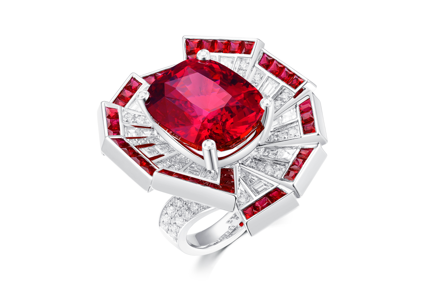  Serendipity Jewelry Just Serendipity ring with a red spinel centre stone, surrounded by rubies and diamonds in white gold 