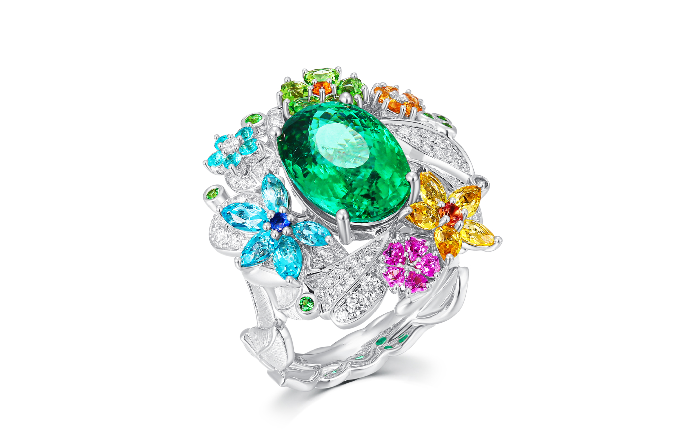 Serendipity Jewelry floral-inspired cocktail ring set with Paraiba tourmaline