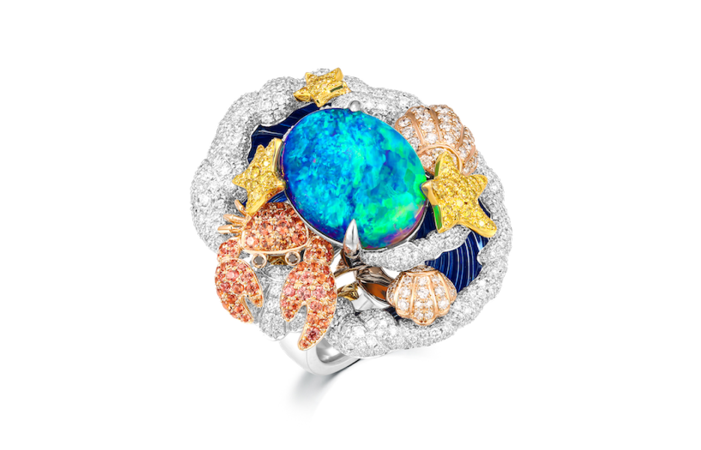  Serendipity Jewelry Black Opal Ocean ring with mulit-coloured gemstones in white, yellow and rose gold