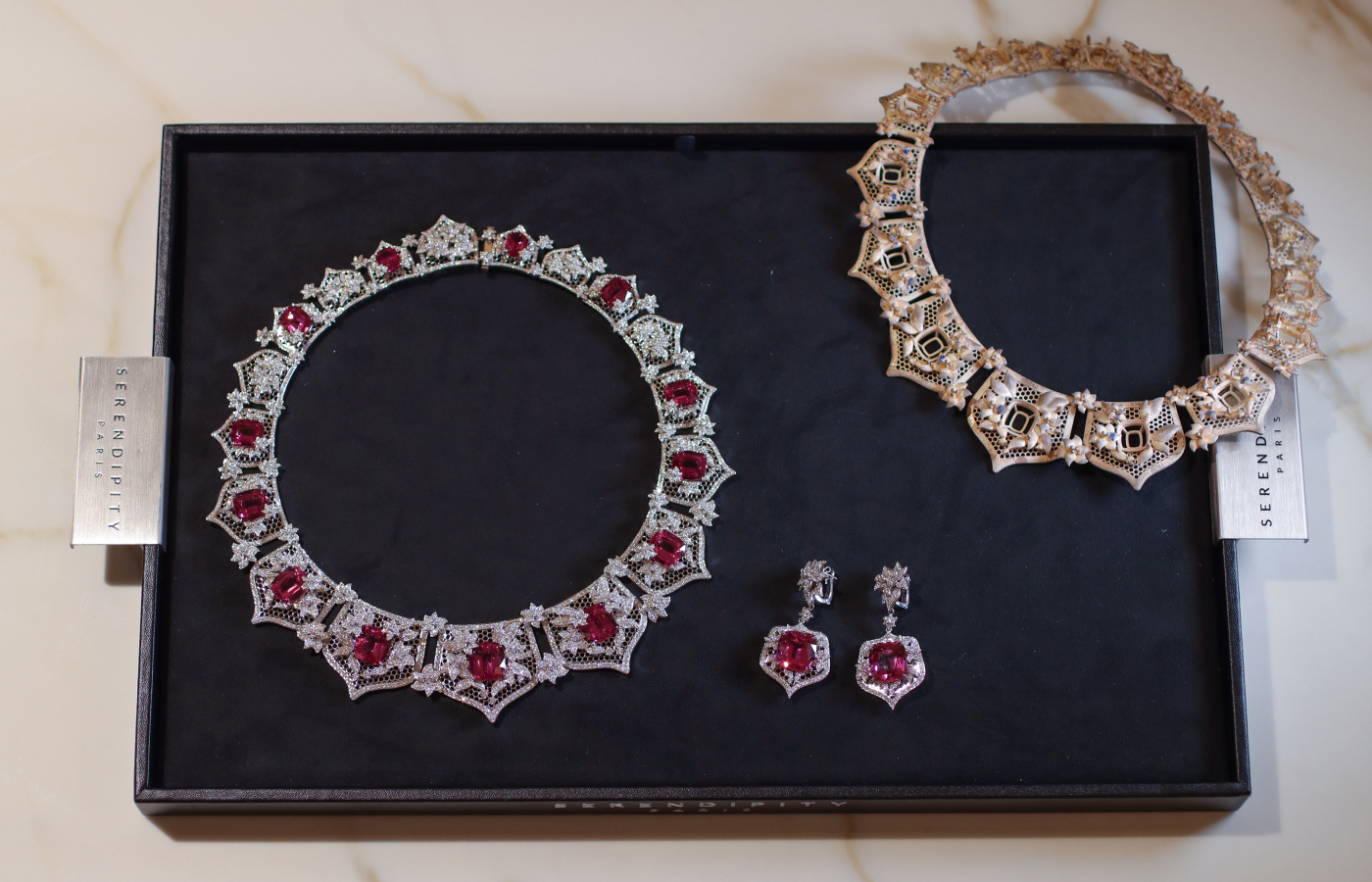  The Serendipity Jewelry Secret d’Iris High Jewellery necklace and matching earrings, including the original wax model for the design