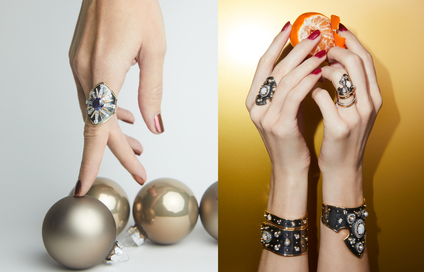 Hand models wearing a series of Elie Top creations in platinum, gold, sapphire, pearl, opal and diamond from the La Dame du Lac collection