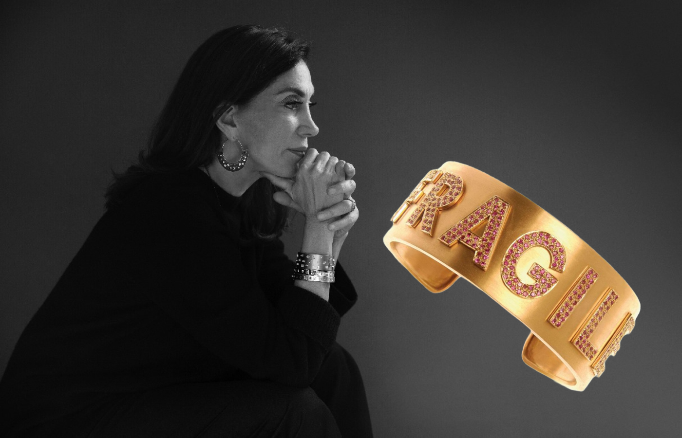 Ileana Makri – Founder of Ileana Makri, alongside her Fragile bracelet in gold and ruby