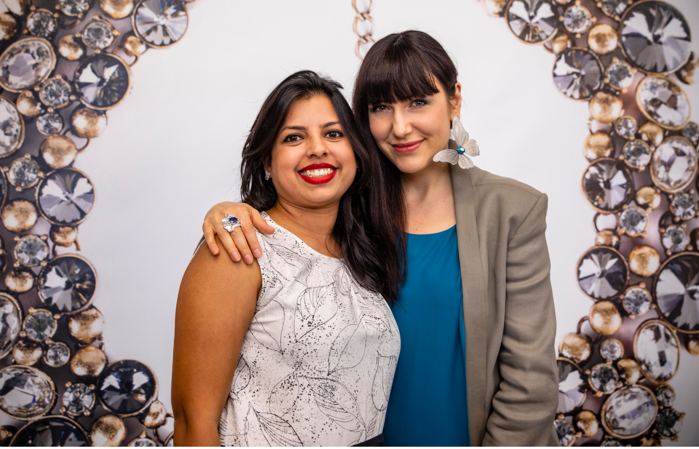 Katerina Perez wearing her butterfly solo earring alongside New Delhi-based jewellery specialist Preeta Agarwal