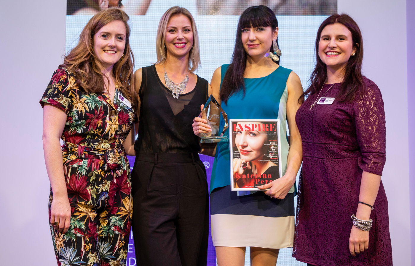  Katerina Perez wore her solo butterfly earring to collect her 'UK Social Media Influencer' Award at International Jewellery London in 2018