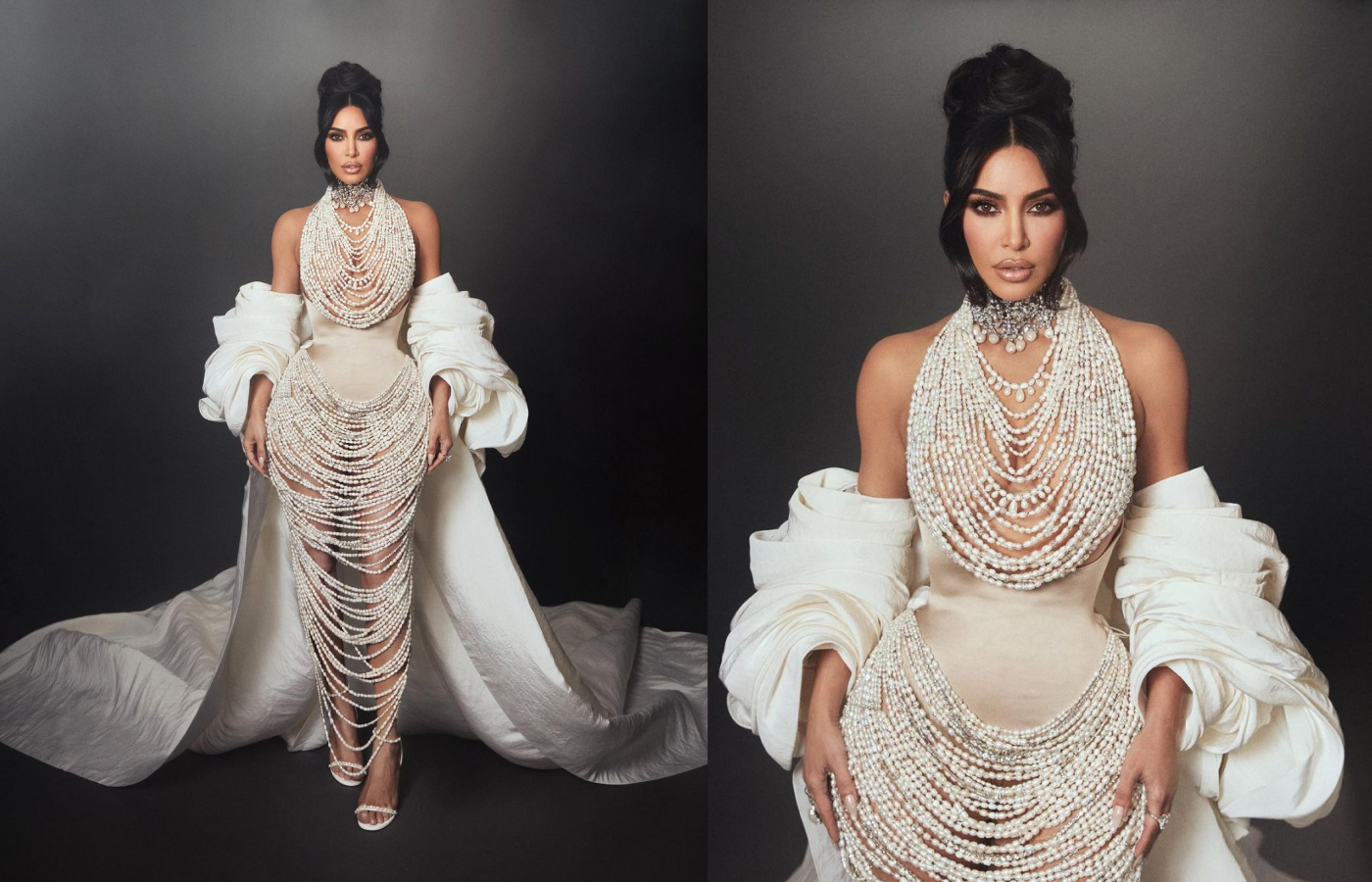 Kim Kardashian attended the 2023 MET Gala wearing a Schiaparelli ensemble featuring 50,000 draped freshwater pearls, plus a choker, pearl drop earrings and a ring by Lorraine Schwartz