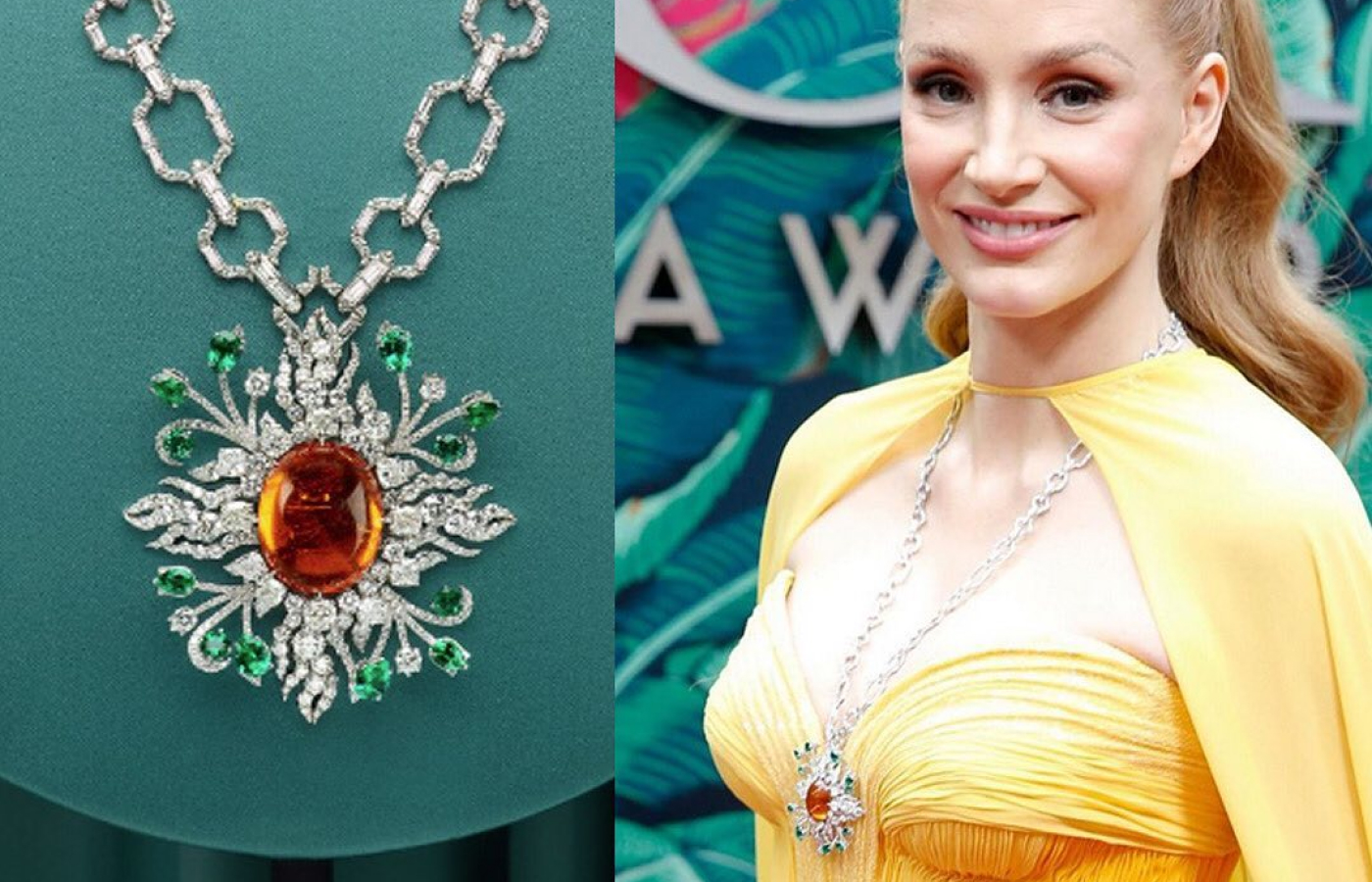 Jessica Chastain at the Tony Awards 2023 wearing a Gucci High Jewellery diamond-set chain necklace, leading to a pendant featuring a central 35.9-carat mandarin garnet 