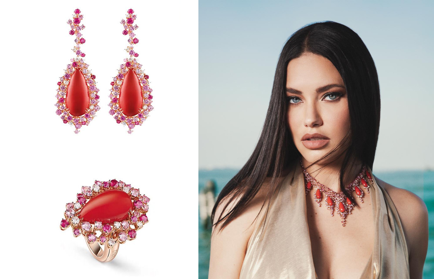 Adriana Lima attends the Venice Film Festival wearing a suite of Damiani jewels in pink gold, with diamonds, rubies, pink sapphires and Mediterranean coral from the brand’s Mimosa collection