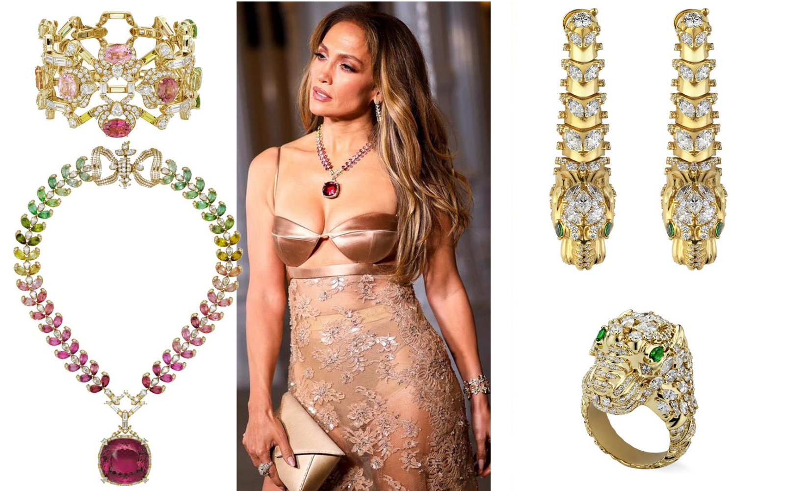 Jennifer Lopez stepped out at the 2023 LACMA Art + Film Gala wearing a suite of Gucci High Jewellery, including a 161-carat cushion-cut pink tourmaline pendant from the Allegoria collection, plus a multi-gem bracelet, a ring, and earrings featuring the Gucci lion emblem