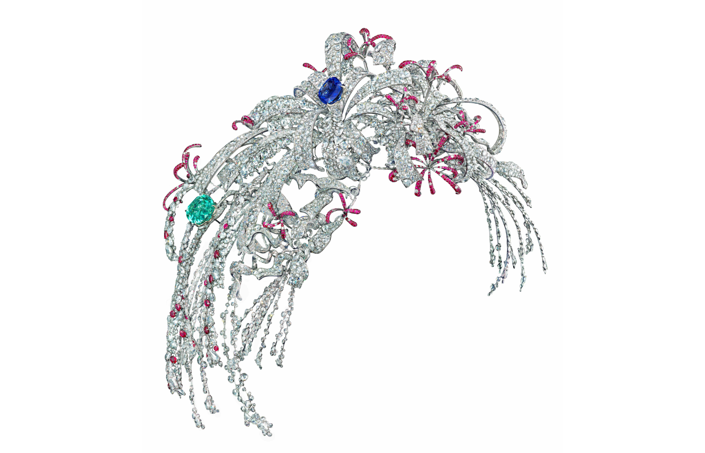  Elsa Jin Fireworks shoulder brooch with a 50.14-carat Ceylon sapphire, a  61.29-carat Paraiba tourmaline, more than 8,000 diamonds totalling 722.48 carats, and 1,457 brilliant-cut rubies adding a further 71.73 carats 