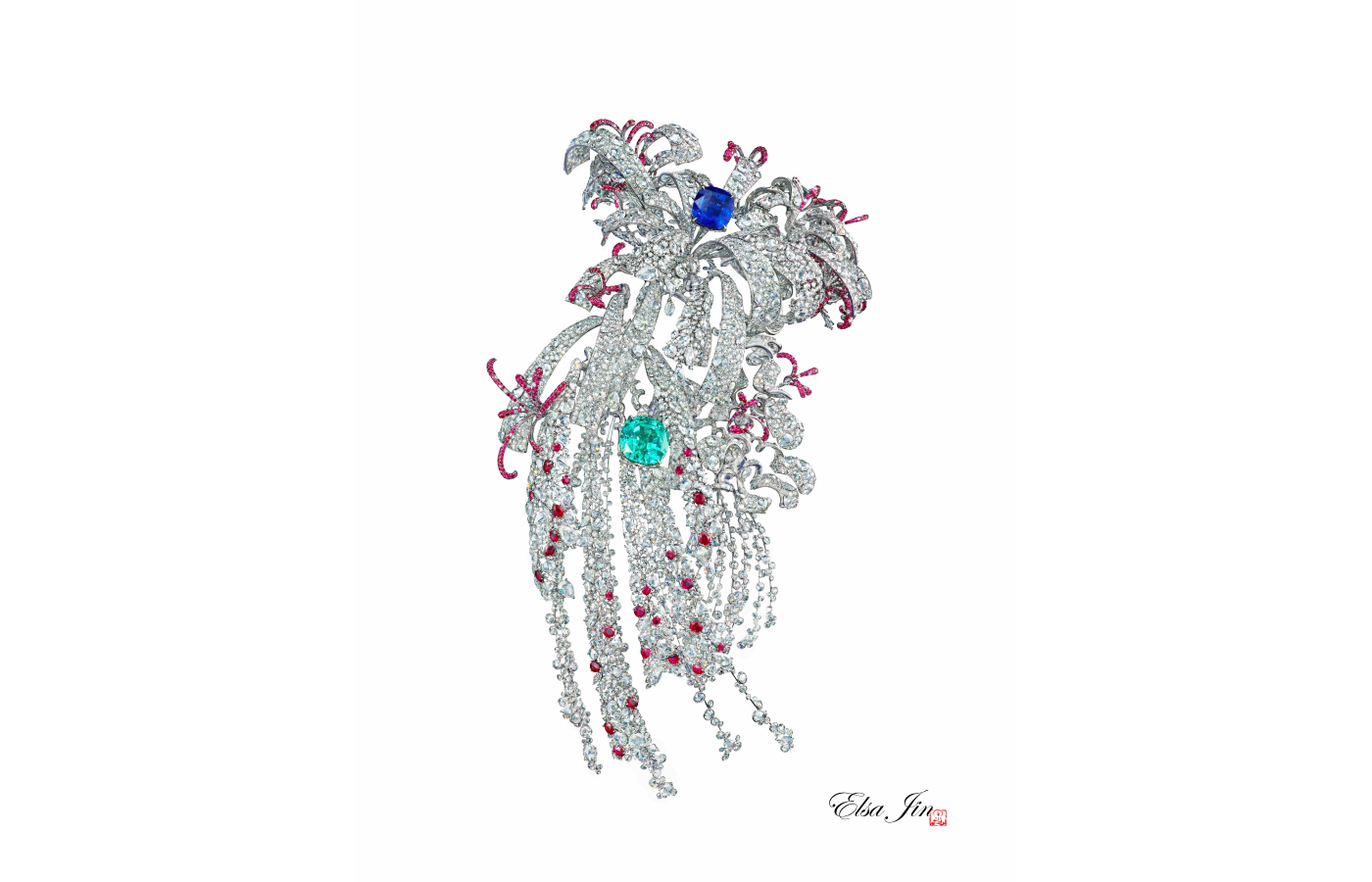  Elsa Jin Fireworks shoulder brooch with a 50.14-carat Ceylon sapphire, a  61.29-carat Paraiba tourmaline, more than 8,000 diamonds totalling 722.48 carats, and 1,457 brilliant-cut rubies adding a further 71.73 carats 