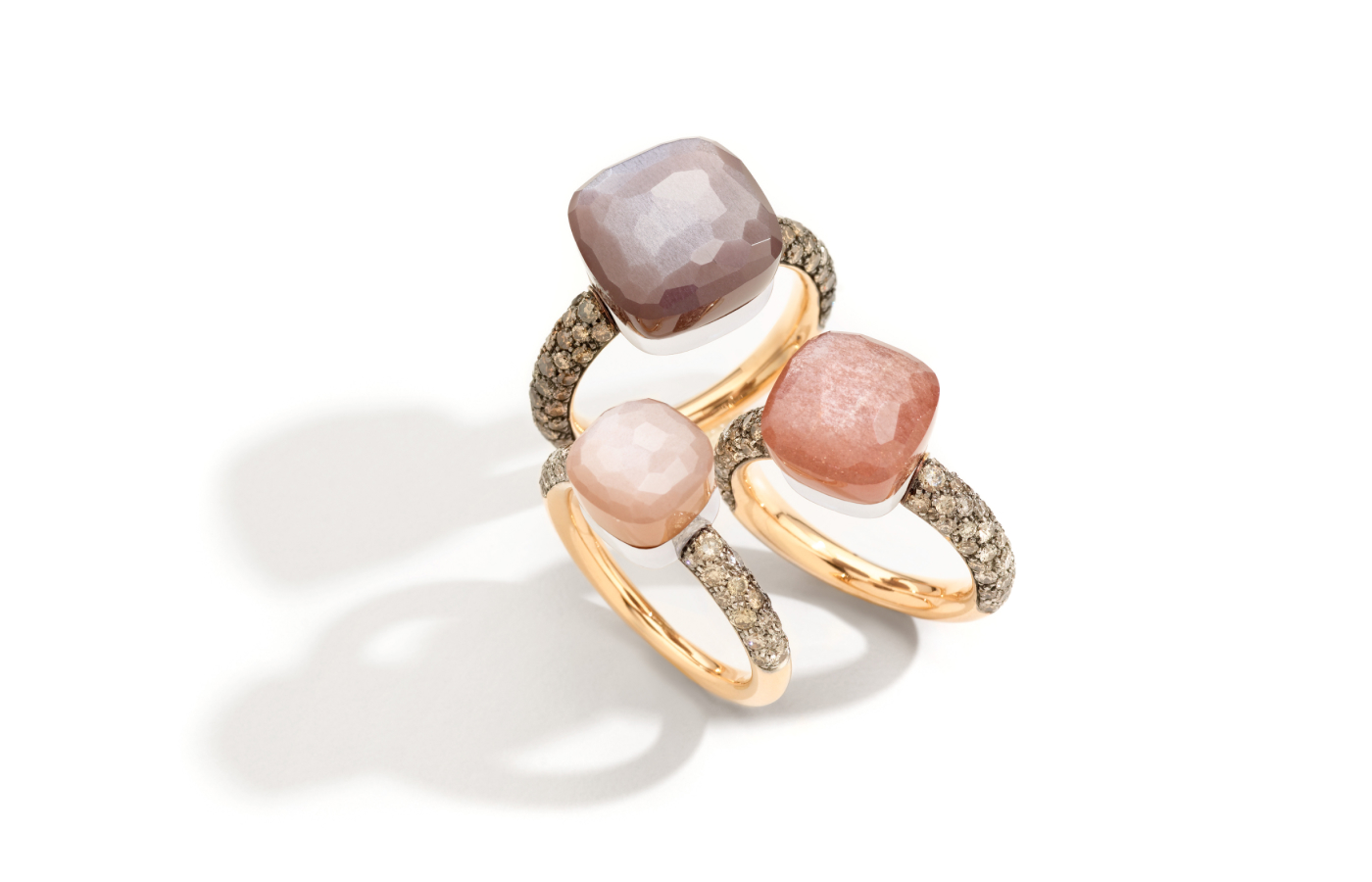  Pomellato Nudo rings in rose gold, light brown, dark brown and orange moon stone, with brown and white diamonds