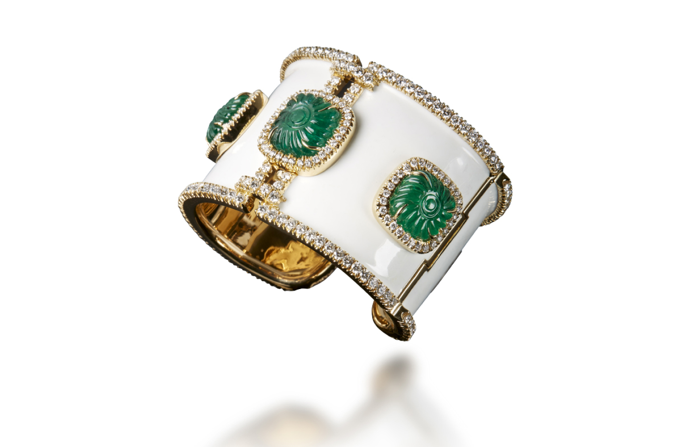 Veschetti cuff bracelet with carved emeralds, diamonds and white enamel in gold