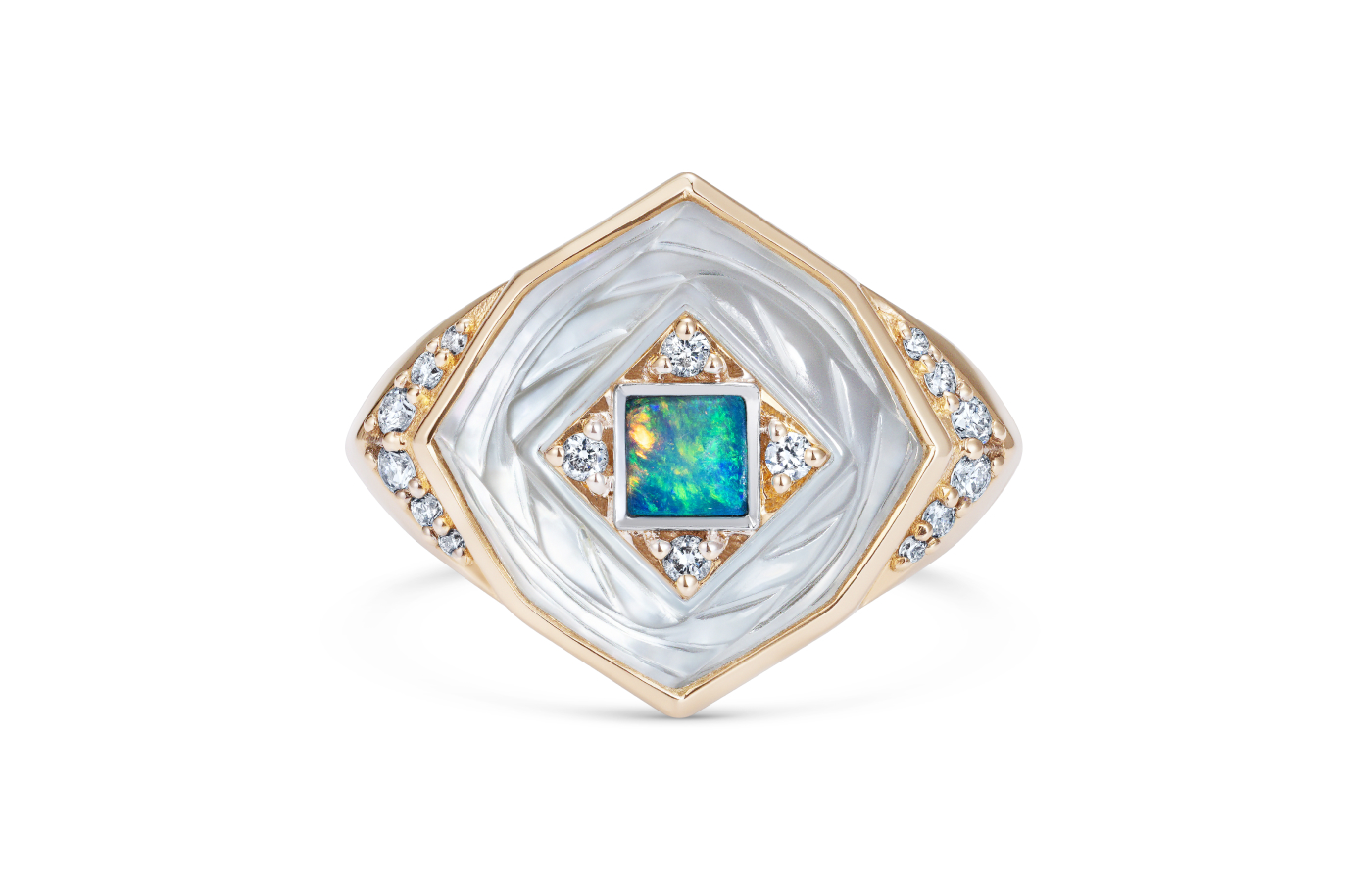 Noor Fares Samskara ring grey gold, rock crystal, mother-of-pearl ,opal and diamond