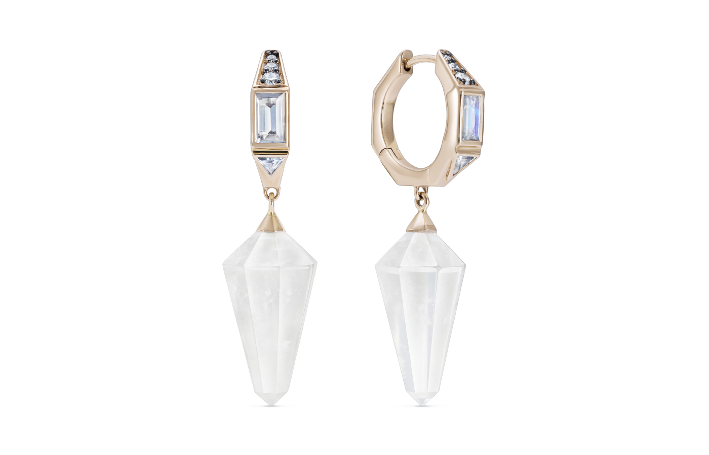  Noor Fares Samskara drop hoop earrings in gold, rock crystal, moonstone, sapphire and diamond