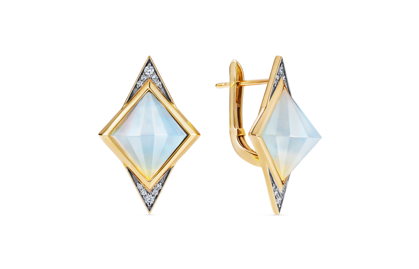  Noor Fares Verdana Dormeuse earrings in gold, blue moon quartz, black mother-of-pearl and diamond