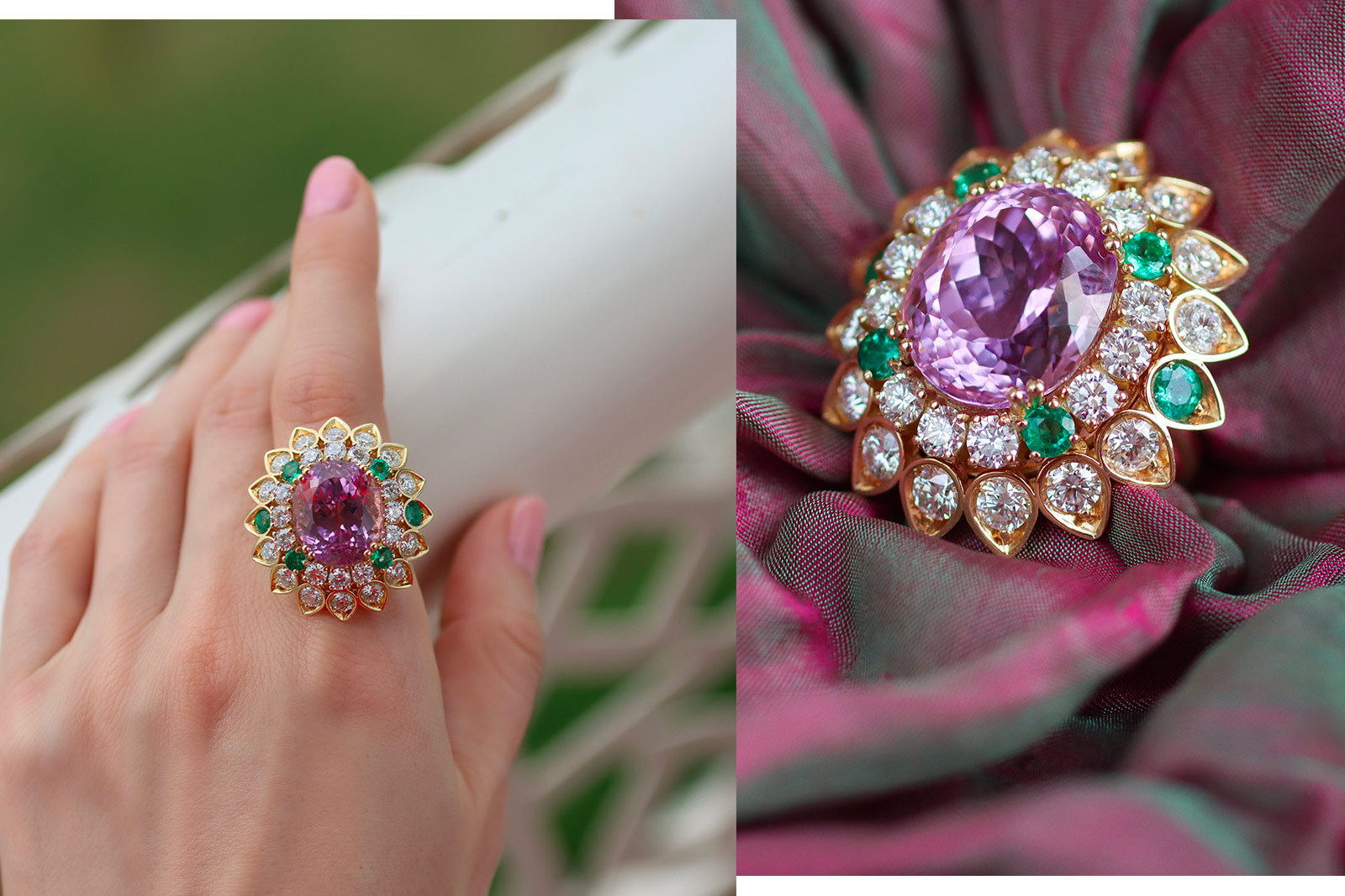 Veschetti cocktail ring with a striking green and pink combination of gemstones, accented with diamonds