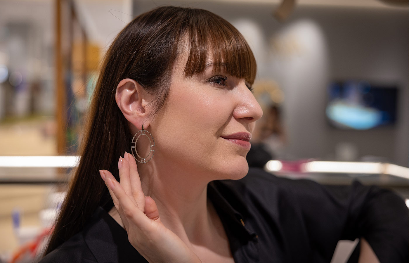  Katerina Perez wears earrings by Ileana Makri during a special visit to Athens in Greece