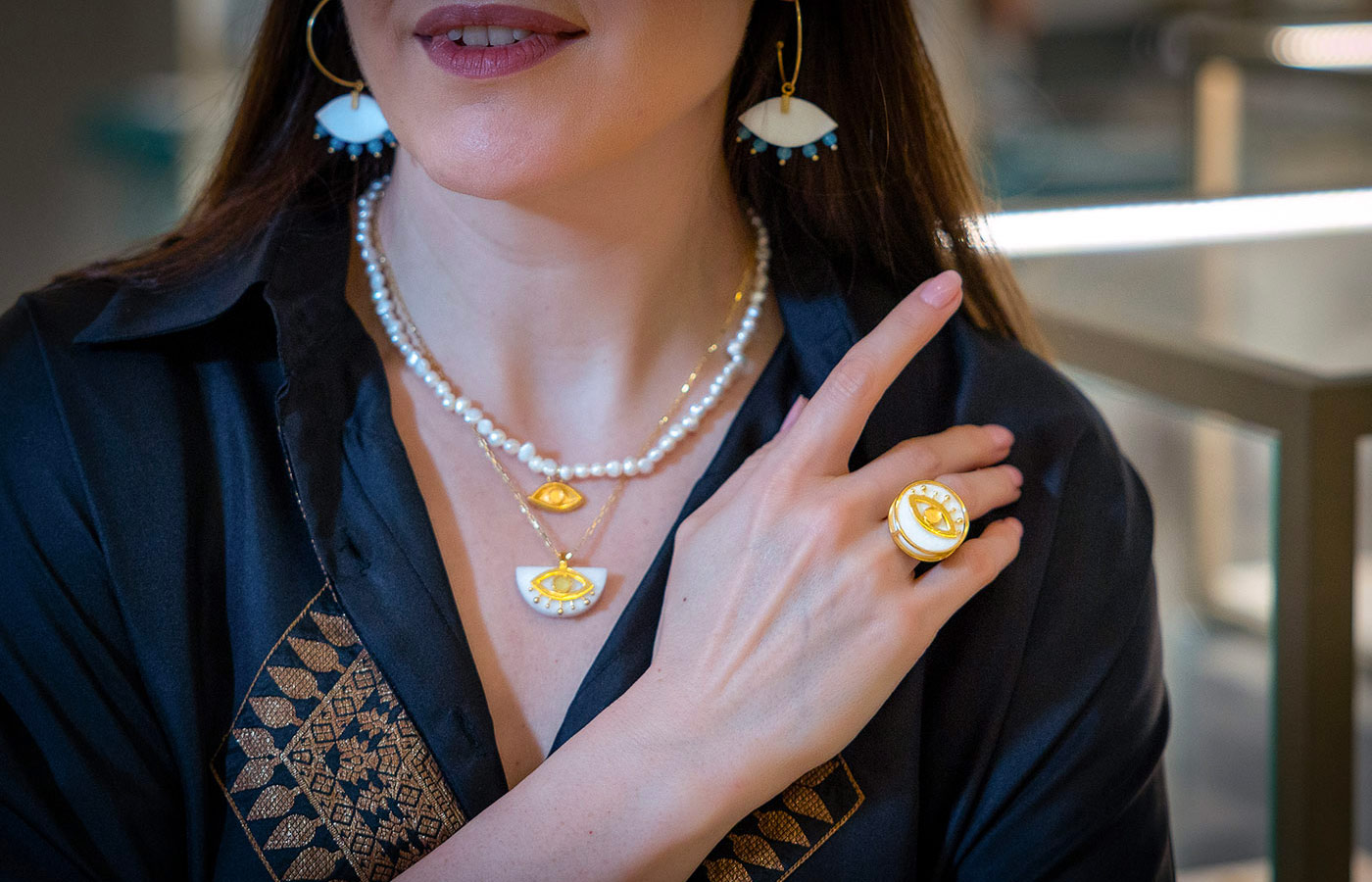  Katerina Perez wears jewels by Marmarometry at the A Jewel Made in Greece launch event at Attica department store