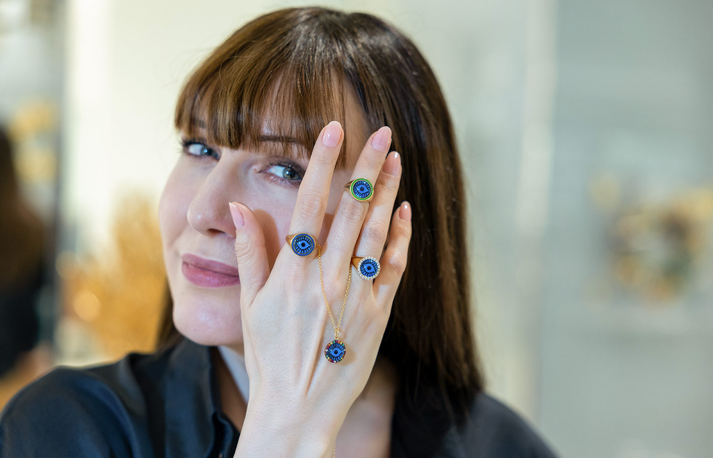  Katerina Perez wears rings by Ileana Makri, who participates in the A Jewel Made in Greece initiative