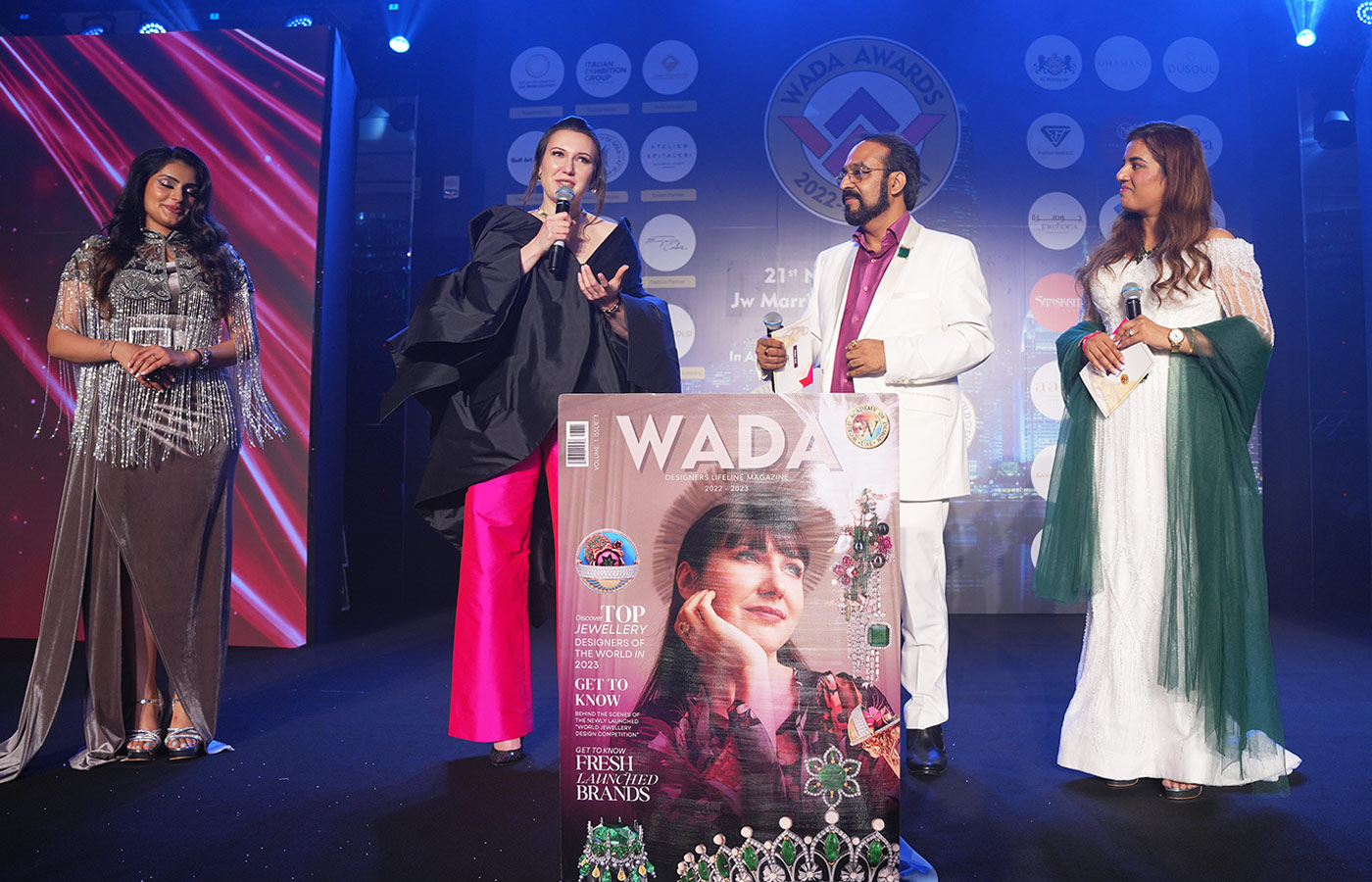  Katerina Perez on stage with WADA, The World Jewellery Design Competition organisers Tarun Jain and Mahima Verma