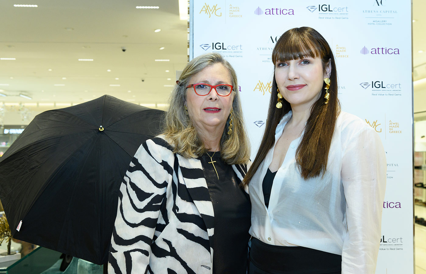 Katerina Perez with A Jewel Made in Greece (AJMIG) designer and curator Mary Samoli in Athens