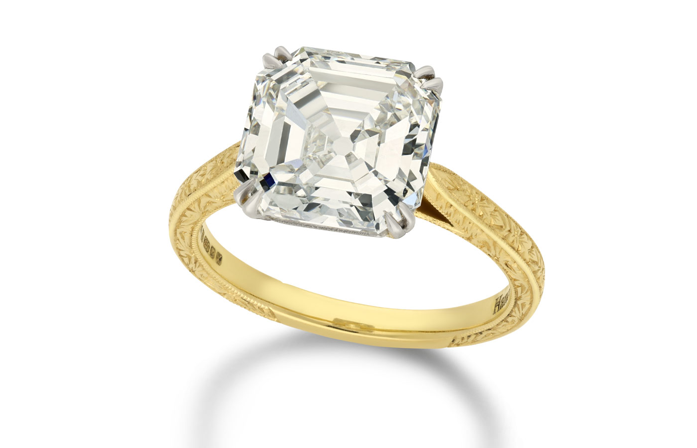  Hancocks vintage Asscher cut diamond set in a handcrafted 18K yellow gold mount with millegrain detailing and fully engraved by hand 