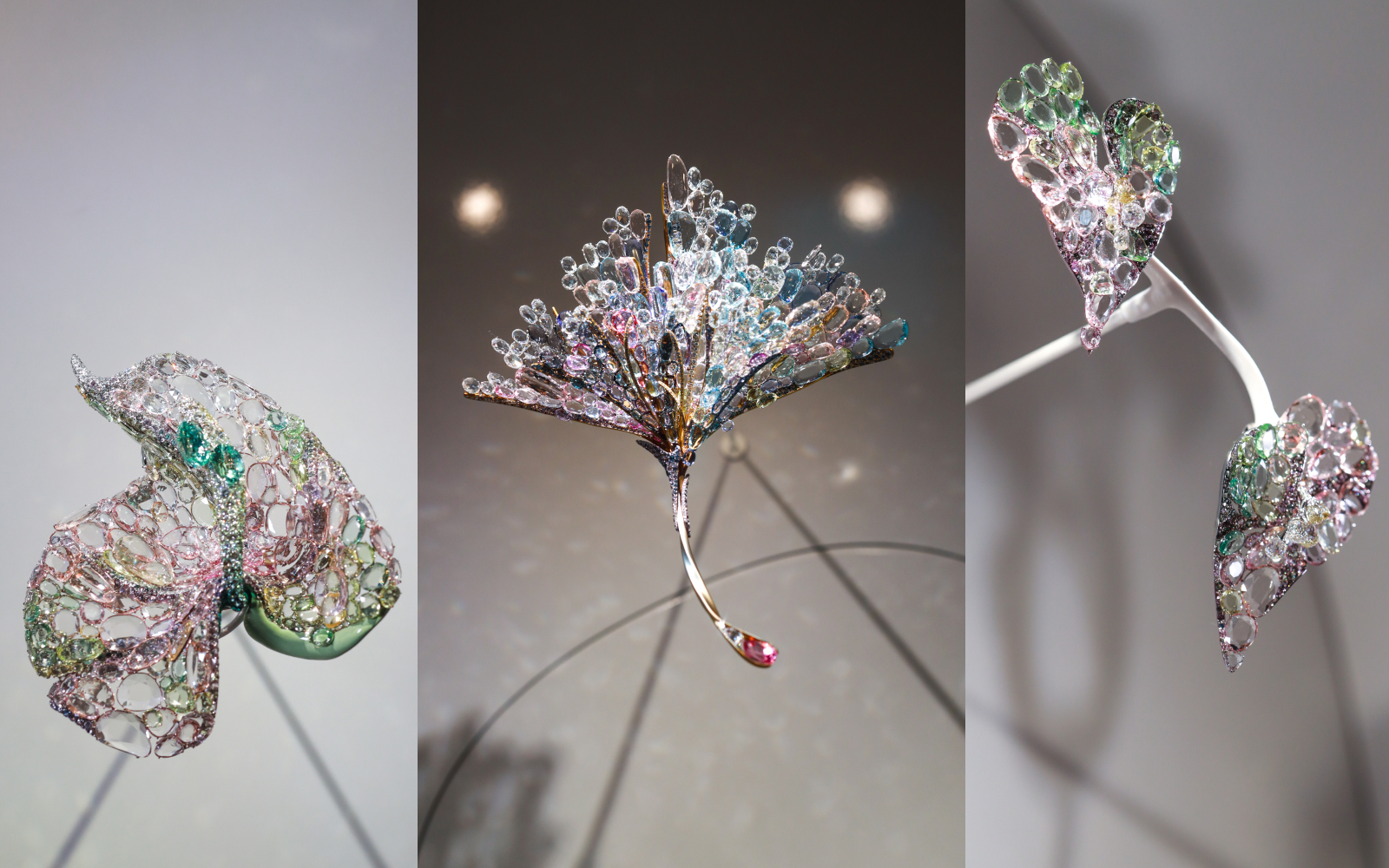 A trio of Feng J creations, including the Pink Anthurium brooch with oval-shaped tourmalines (left), the Gingko Leaf of Firework’ brooch (middle), and the Pink Anthurium earrings (right)