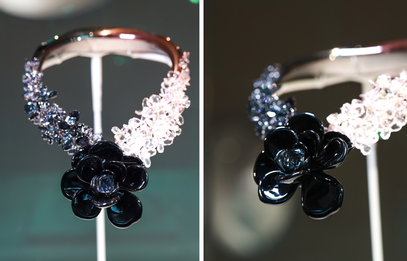 Feng J Blossomed Night and Day necklace that showcases the ‘Standing Mounting’ technique with black and deep grey spinels and a lacquer on titanium flower, set with a cushion-shaped brilliant-cut spinel