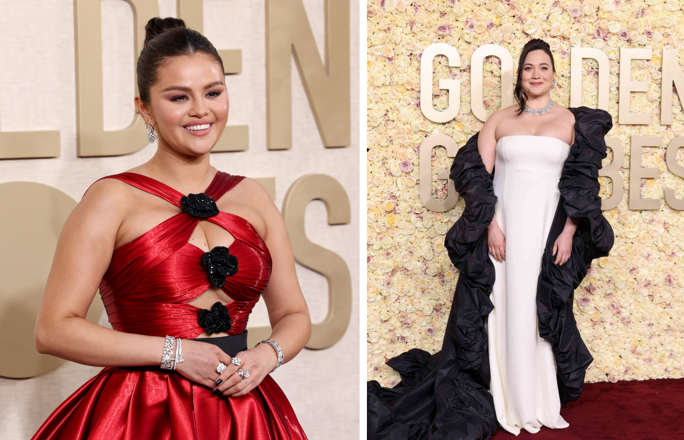 Selena Gomez wore a Serpenti High Jewellery watch in 18k white gold, a double spiral bracelet, and diamond rings at the Golden Globes 2024, while Lily Gladstone wore a pair of earrings by Blackfeet/Cree bead artist Lenise Omeasoo of Antelope Women Designs, paired with custom Valentino and a Bulgari High Jewellery necklace with 50-carats of round and pear-shaped diamonds