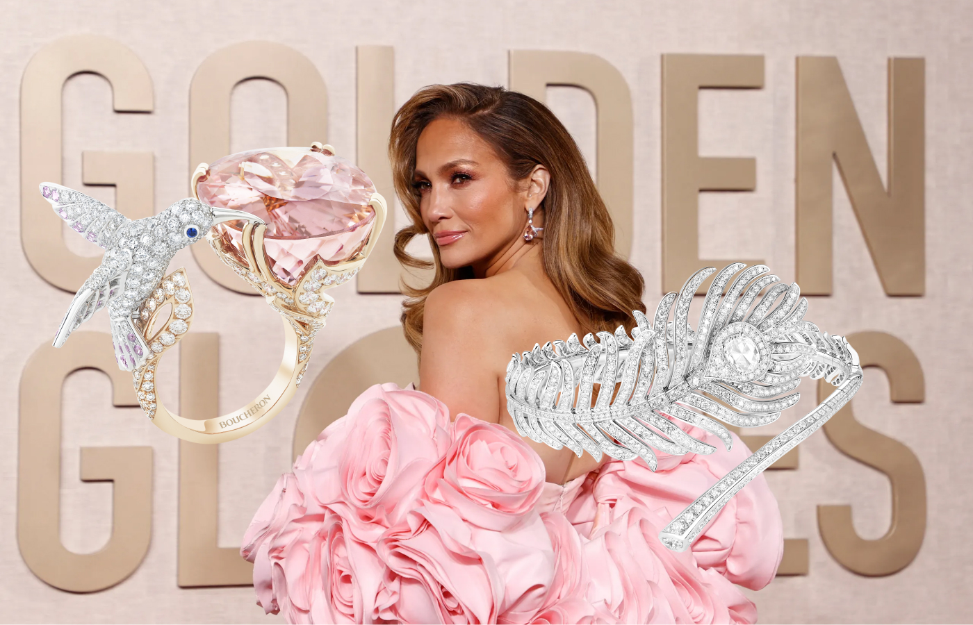  Jennifer Lopez wears Boucheron Hopi collection earrings with two pear-shaped morganites, each weighing 22 carats, a 34-carat oval morganite ring, and a Plume de Paon bracelet with diamonds 