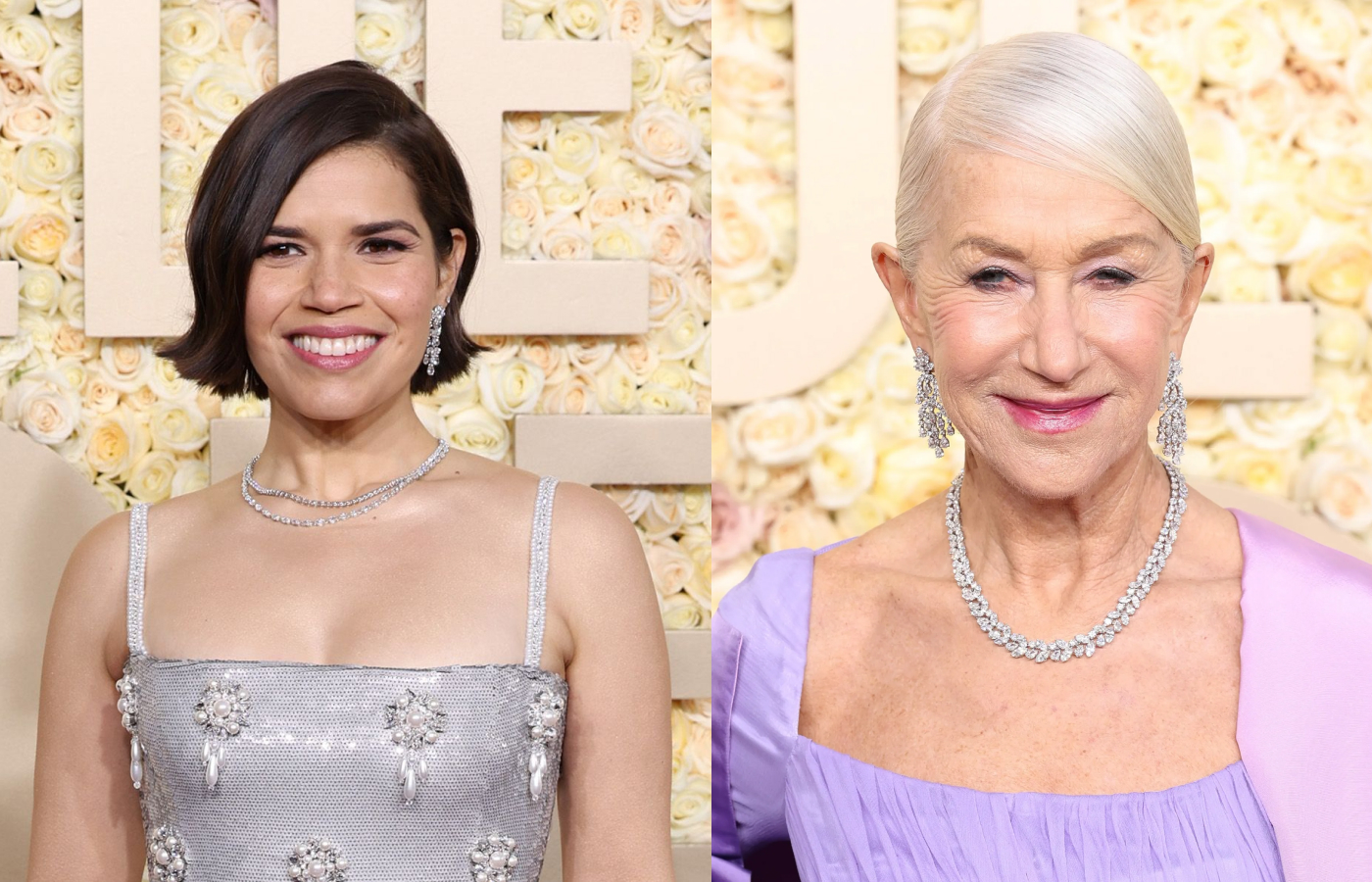 America Ferrera in Dolce & Gabbana and a double-row Harry Winston Secret Combination diamond necklace, alongside Dame Helen Mirren in a Harry Winston Wreath diamond necklace with nearly 50 carats of diamonds in platinum 