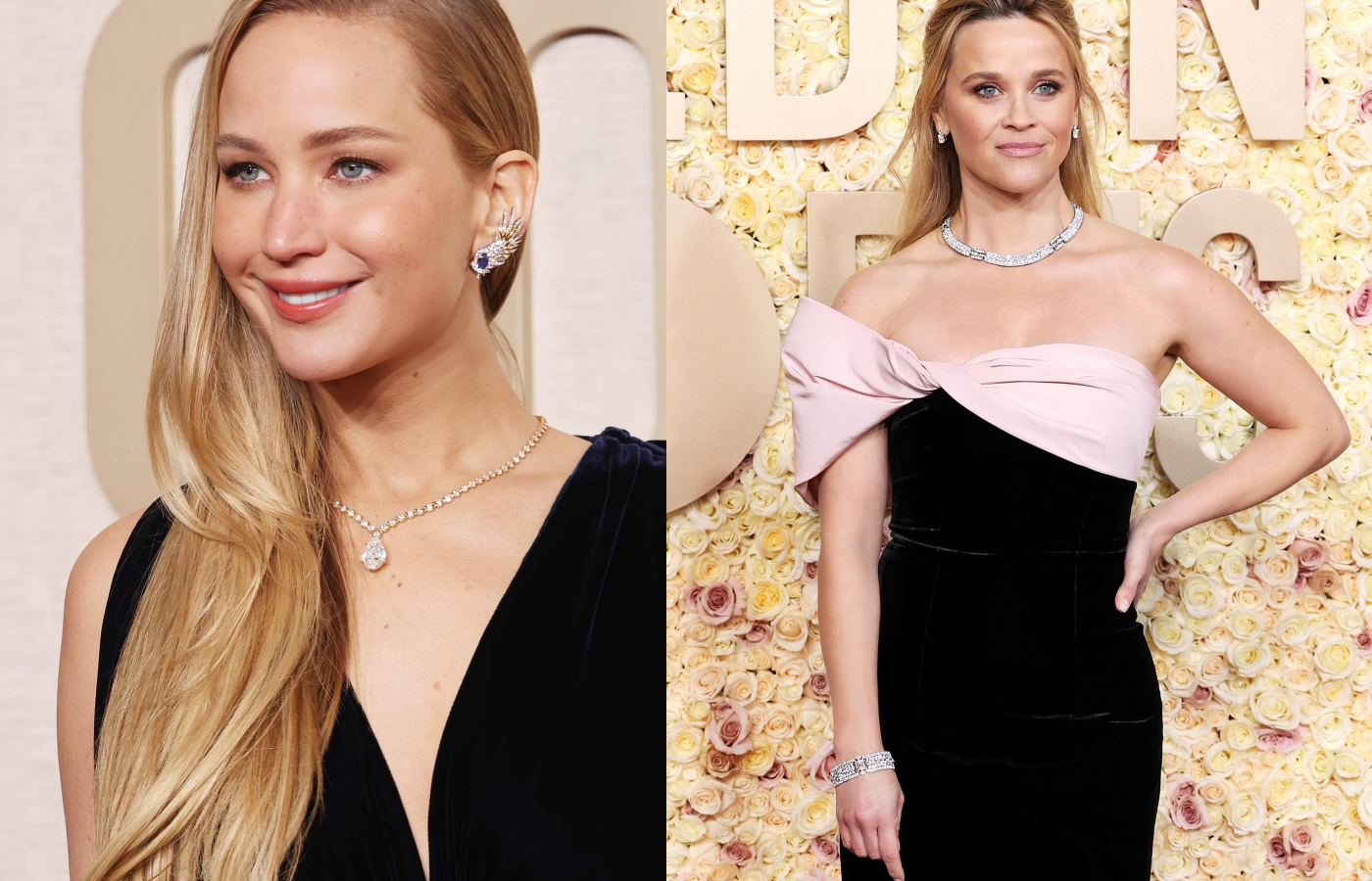  Jennifer Lawrence wearing a Tiffany & Co. diamond necklace with an 11-carat diamond drop and Reese Witherspoon also in Tiffany & Co. at the Golden Globe Awards 2024