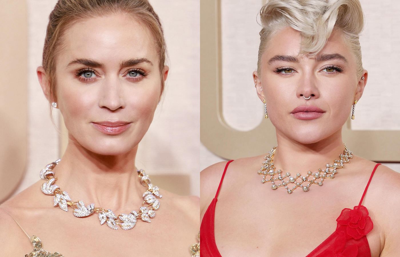  Emily Blunt and Florence Pugh both wearing Jean Schlumberger for Tiffany & Co. diamond necklaces at the Golden Globe Awards 2024