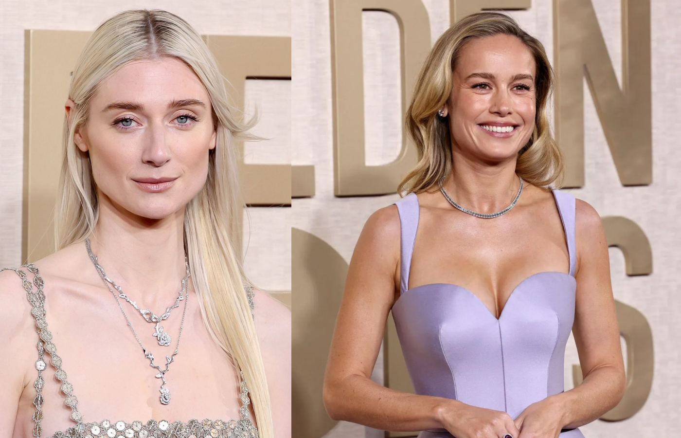 Elizabeth Debicki wears necklaces from the Dior Joaillerie Rose Dior Bagatelle collection, alongside Brie Larson in round diamond studs and an Ashoka diamond rivière necklace, both by Kwiat