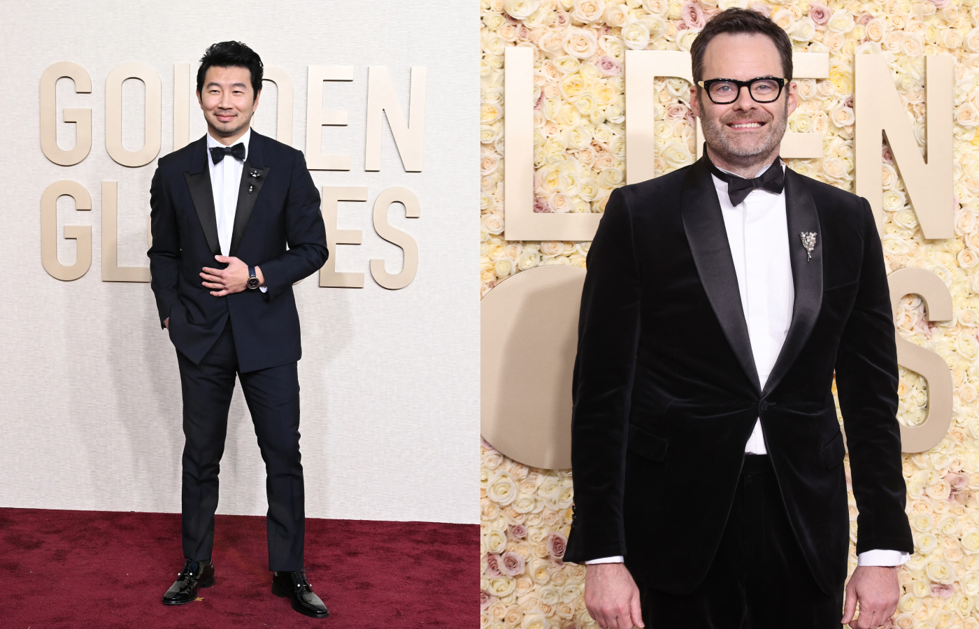 Simu Liu wore an Assael Tahitian pearl and diamond jabot pin while Bill Hader chose a Dior Lily of the Valley brooch for the Golden Globe Awards 2024