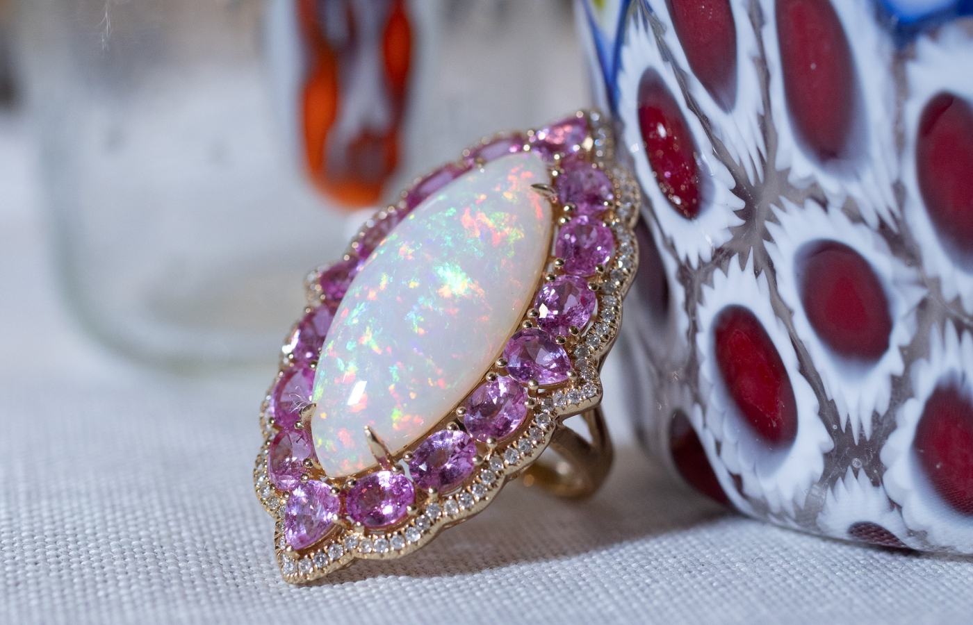  ZARIG marquise-shaped opal, pink sapphire and diamond ring in 18k yellow gold
