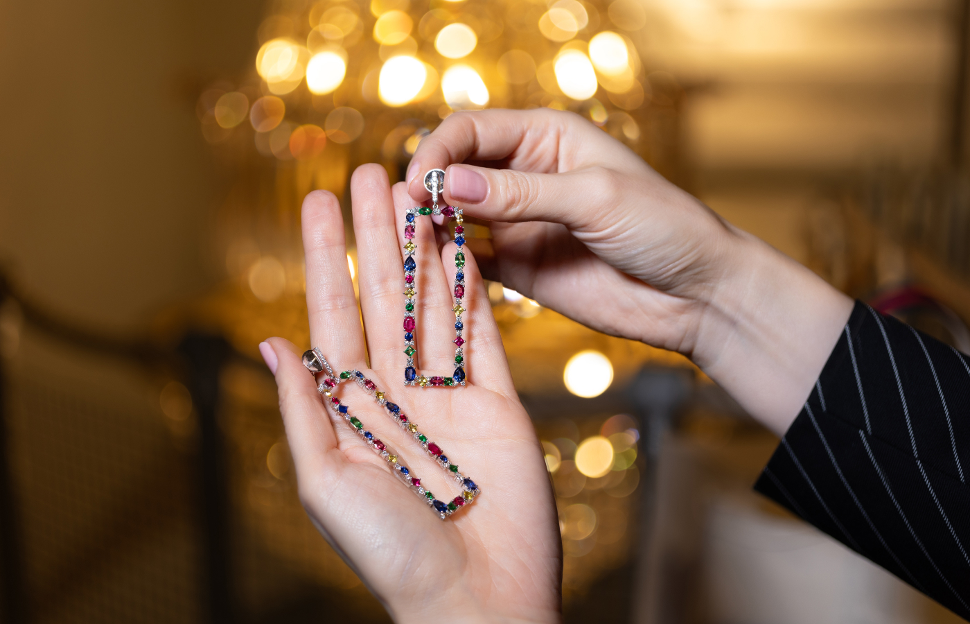 ZARIG Astor earrings with diamonds, rubies, tsavorites and blue and yellow sapphires in 18k gold 