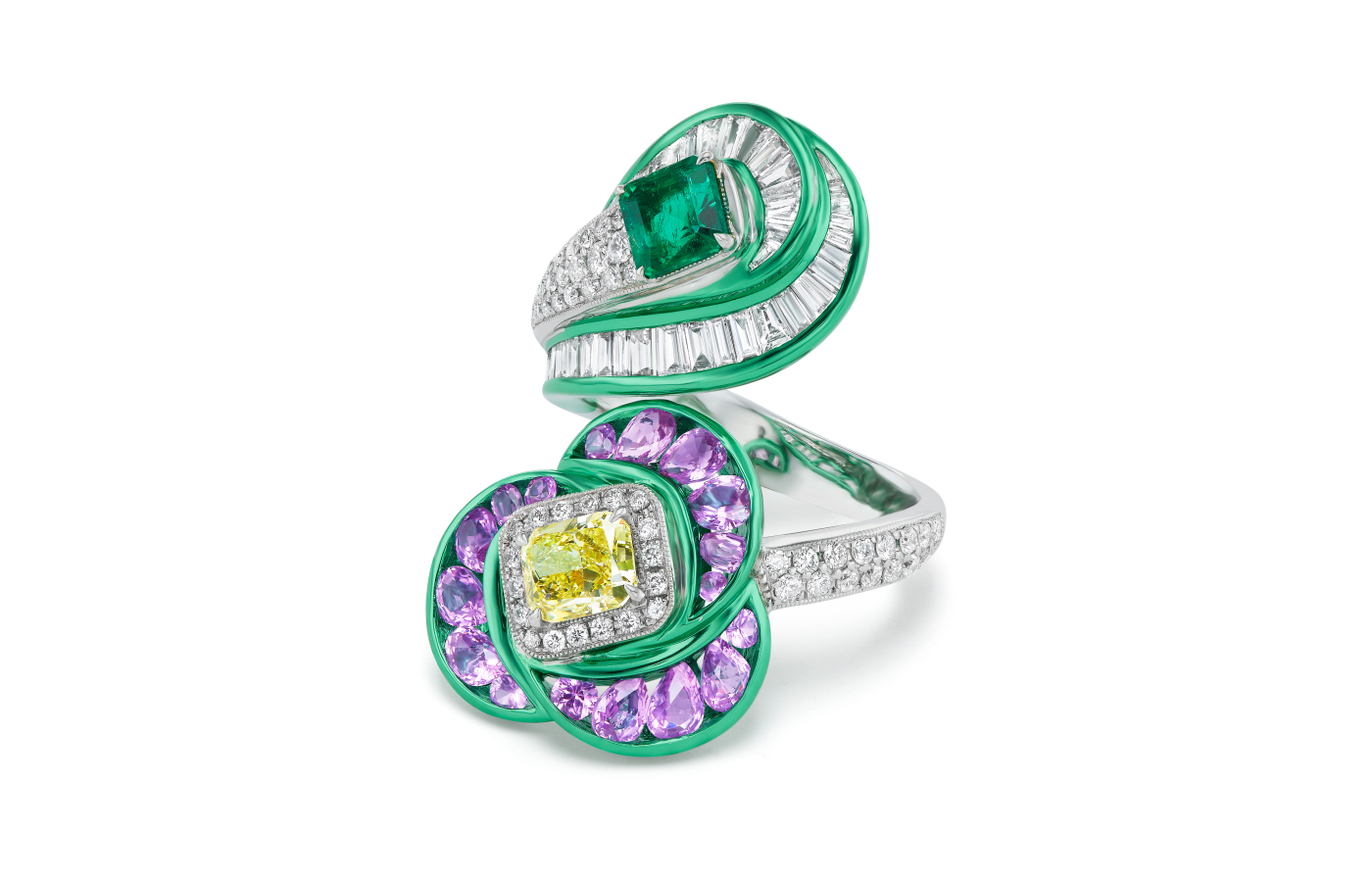 A one-of-a-kind ZARIG cocktail ring with yellow diamond, emerald, colourless diamonds and pink sapphires 