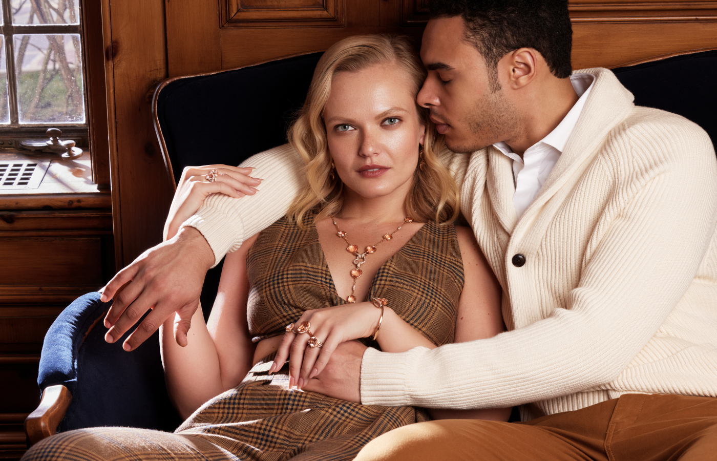 Models wearing a selection of morganite Le Vian jewellery
