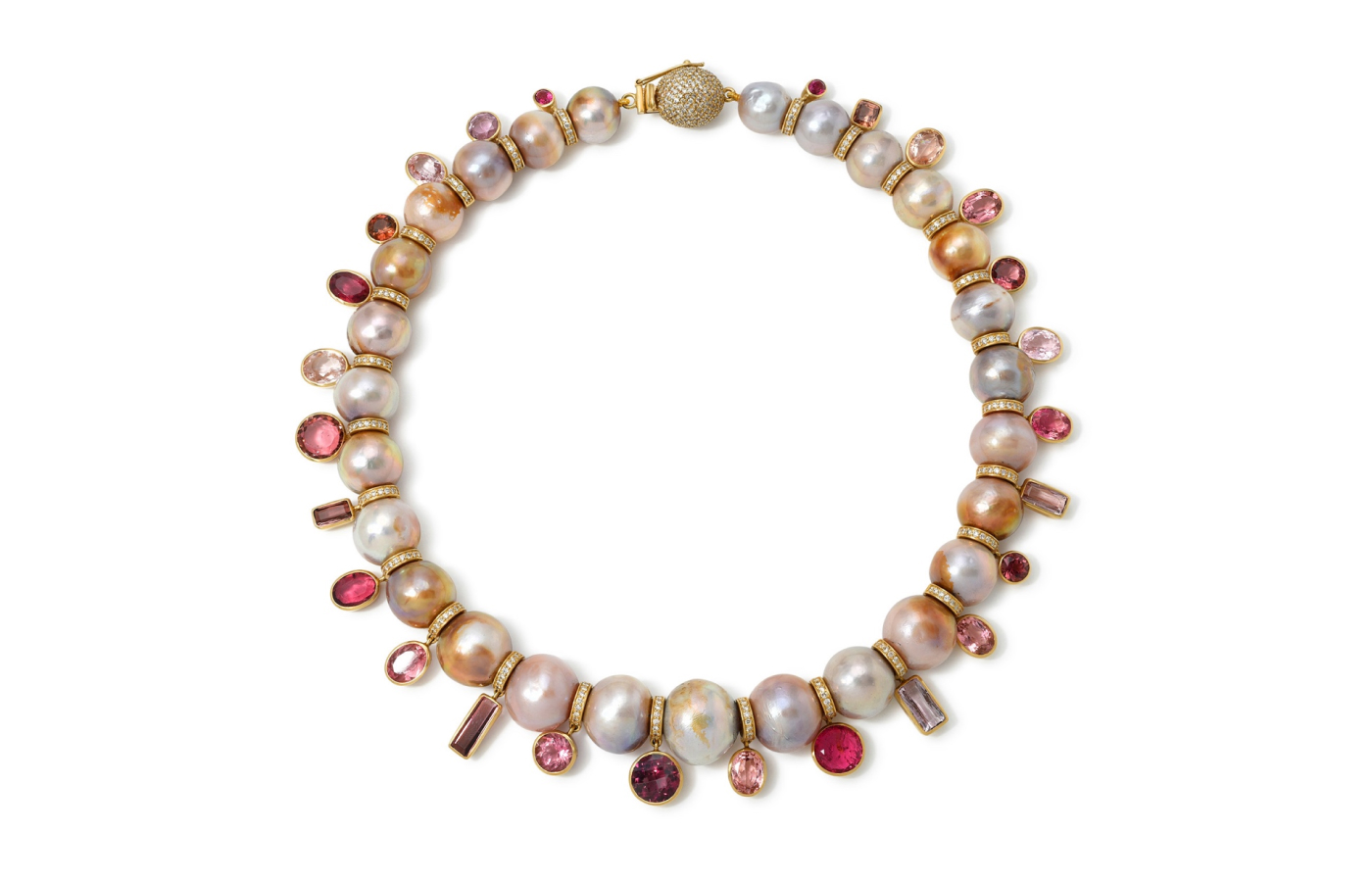 Cultus Artem Sea Pinks necklace in gold, pink, peach and lavender pearls, pink tourmaline and diamond 