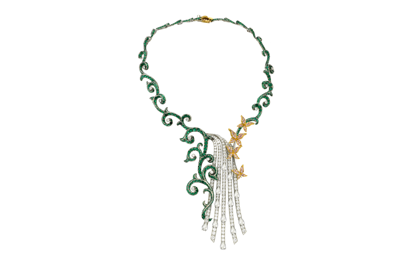 Cydonia Necklace from the Les Jardins Collection, the green curves of the Cydonia set (2009) evoke the branches of the quince tree, Cydonia oblonga. Accented by a string of floating butterflies set with rare pink diamonds, the necklace and earrings cascade with diamonds and together boast a total of 951 emeralds. Photo: Van Cleef & Arpels