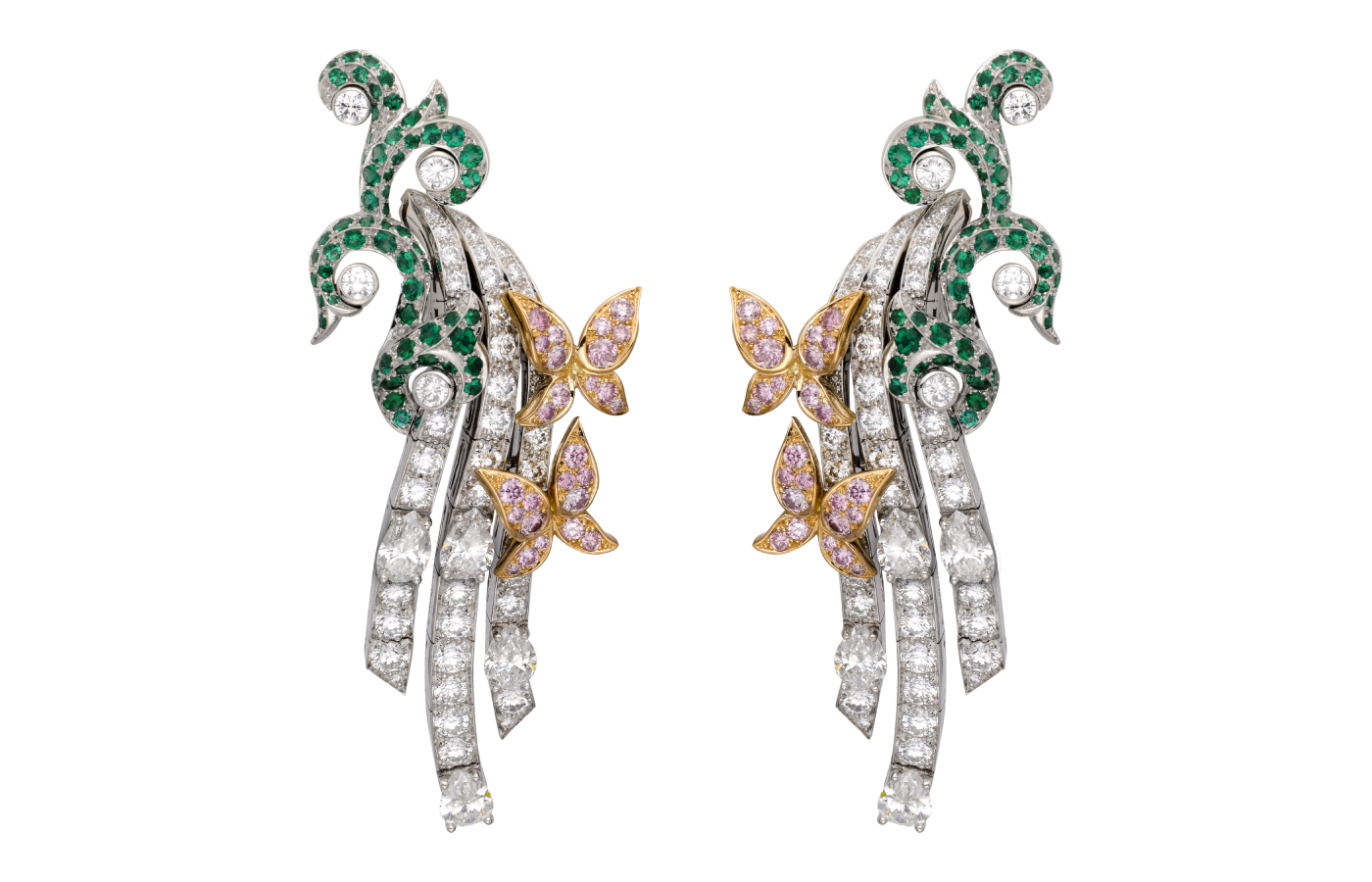  Cydonia earrings from the Les Jardins Collection, the green curves of the Cydonia set (2009) evoke the branches of the quince tree, Cydonia oblonga. Accented by a string of floating butterflies set with rare pink diamonds, the necklace and earrings cascade with diamonds and together boast a total of 951 emeralds. Photo: Van Cleef & Arpels