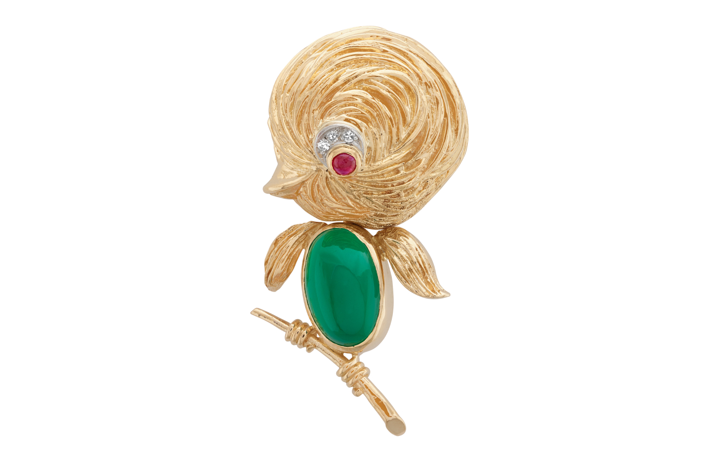  In the 1950s, Van Cleef & Arpels created playful animal pins with the aim of appealing to a younger clientele. Designers of these whimsical Mouse and Bird clips—which feature green chrysoprase, gold, platinum, ruby, and diamonds—approached each piece with a cartoonist’s flair for simplicity. Photo: Van Cleef & Arpels