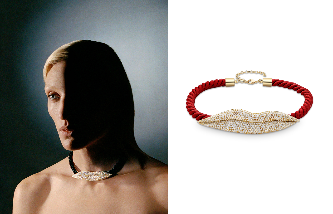 Model wearing Venyx World The Observatory Time choker in gold and diamond