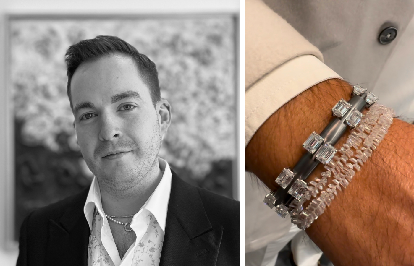 Grant Mobley - Jewelry & Watch Editor at Natural Diamond Council wearing a one of a kind Nikos Koulis bracelet in wire and diamond