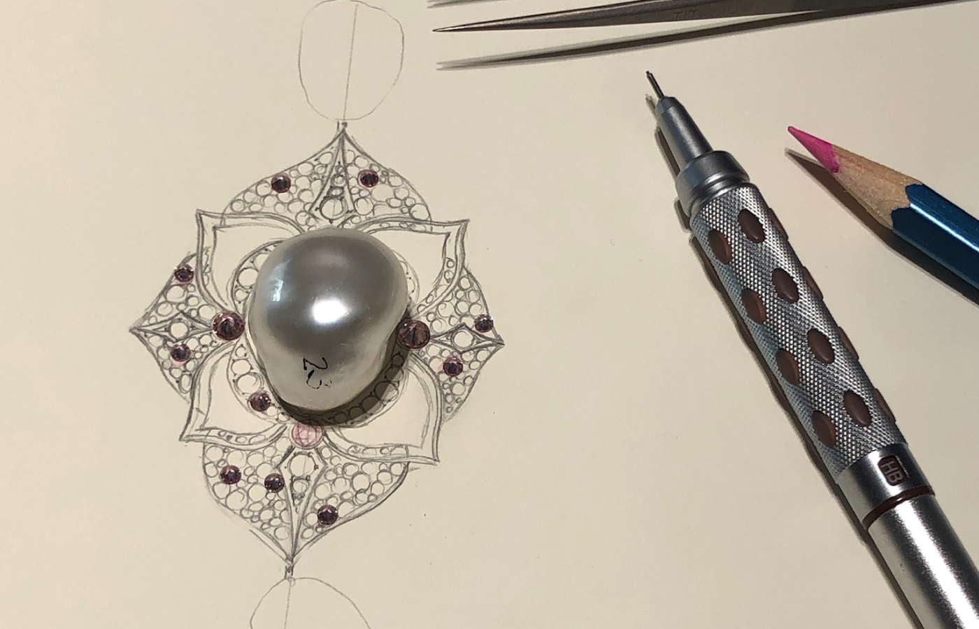  The Lotus Flower brooch-pendant element of the Iluka necklace by Matthew Ely is set with a large and extremely rare South Sea Keshi pearl