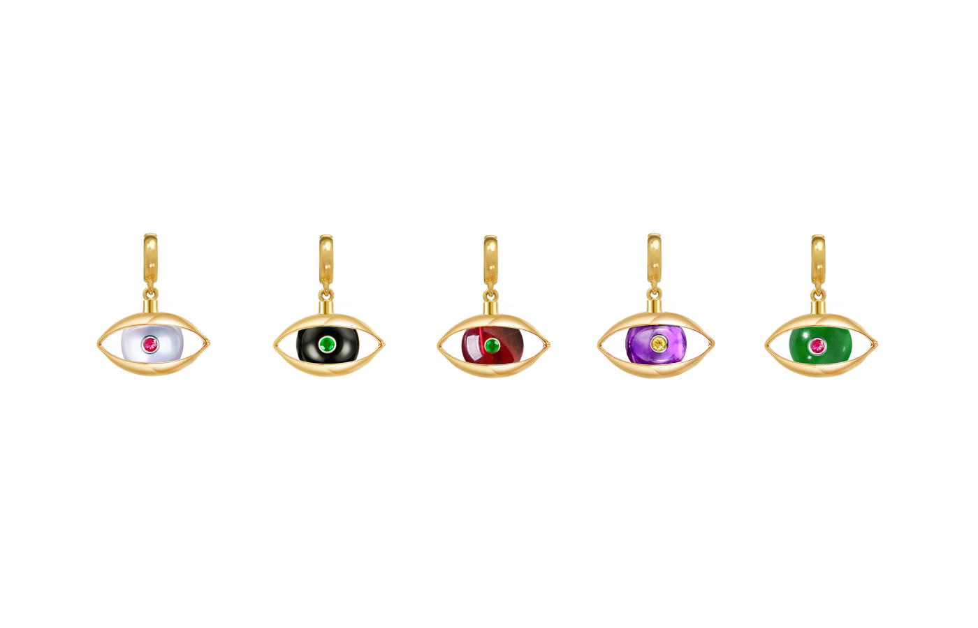  Zeemou Zeng Eye charms in 18k yellow gold with Akoya pearl, black onyx, garnet, amethyst and chalcedony, studded with rubies, emeralds and yellow diamonds 