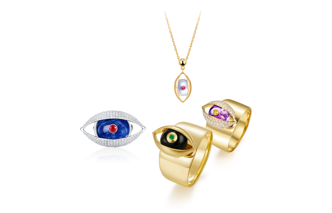 A selection of fine jewellery pieces from The Eye collection by Zeemou Zeng 